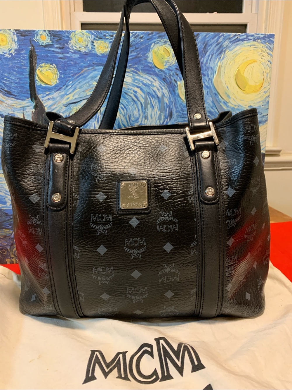 MCM Black Monogram Leather Tote with Gold Hardware with Original Dustbag